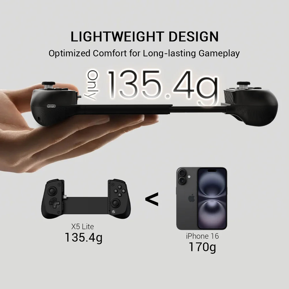 GameSir X5 Lite handheld mobile gaming controller with a hand holding it, comparing weight to an iPhone 16 on a light gray background.
