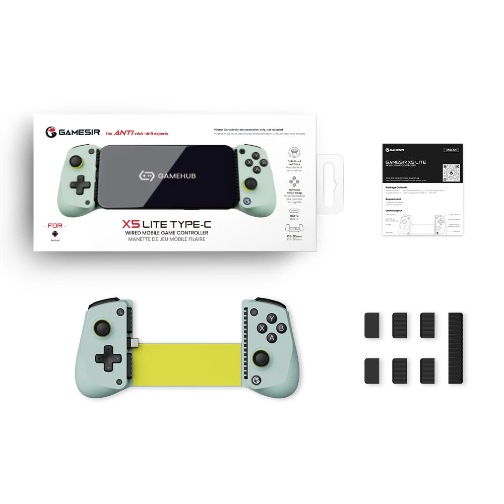 GameSir X5 Lite Type C gaming controller with packaging and accessories on a white background