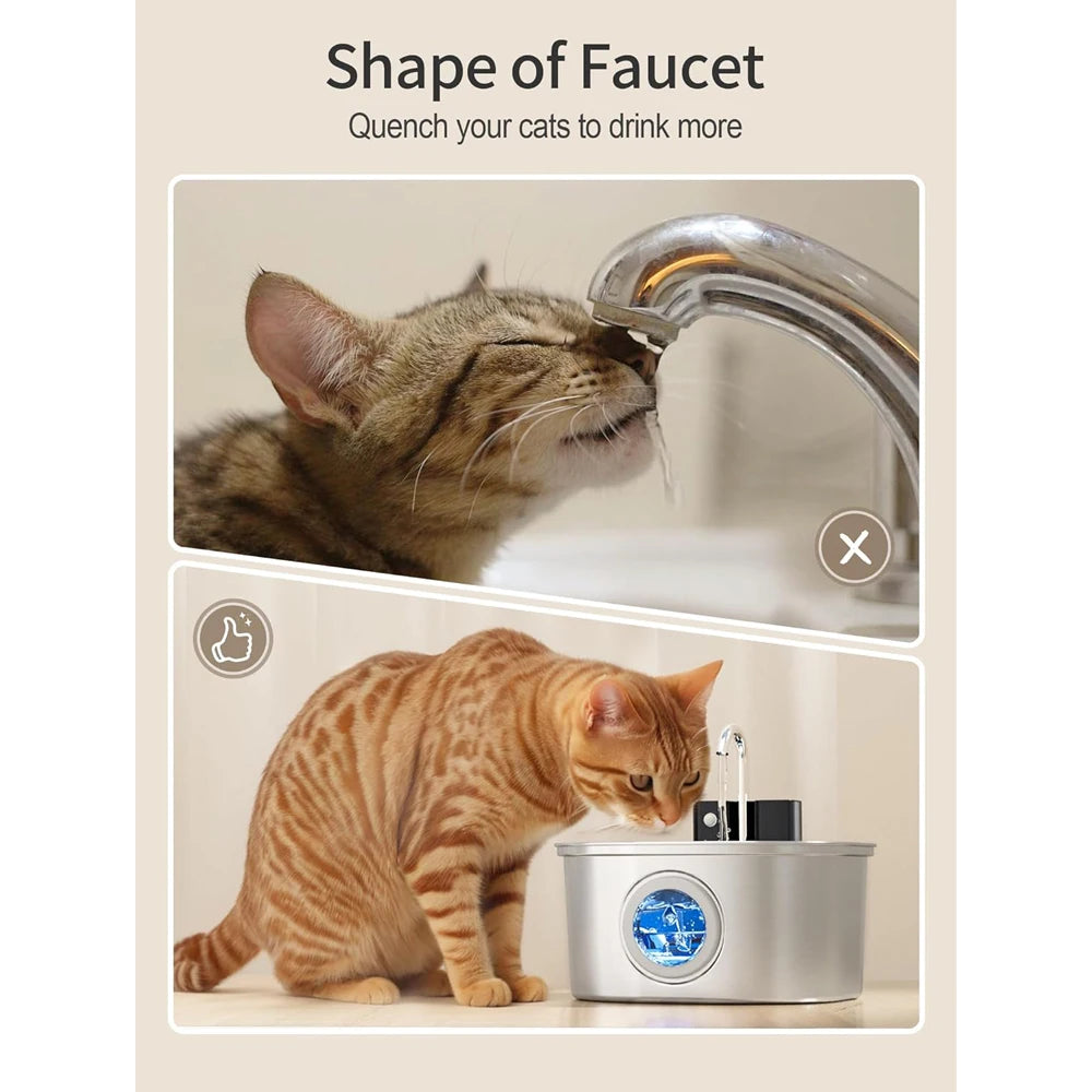 Two cats drinking water from a pet fountain with text about the shape of the faucet.
