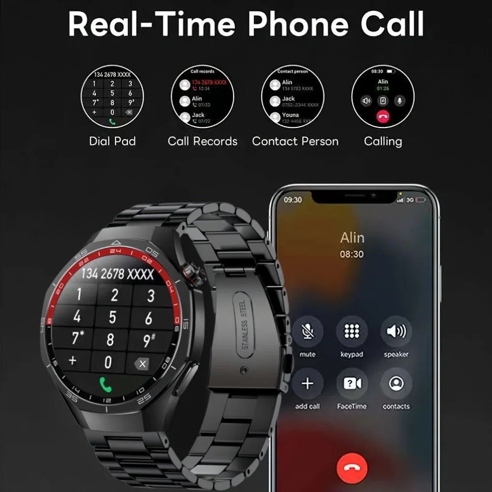 LAXASFIT smartwatch with phone app interface showing real-time phone call features on a dark background.