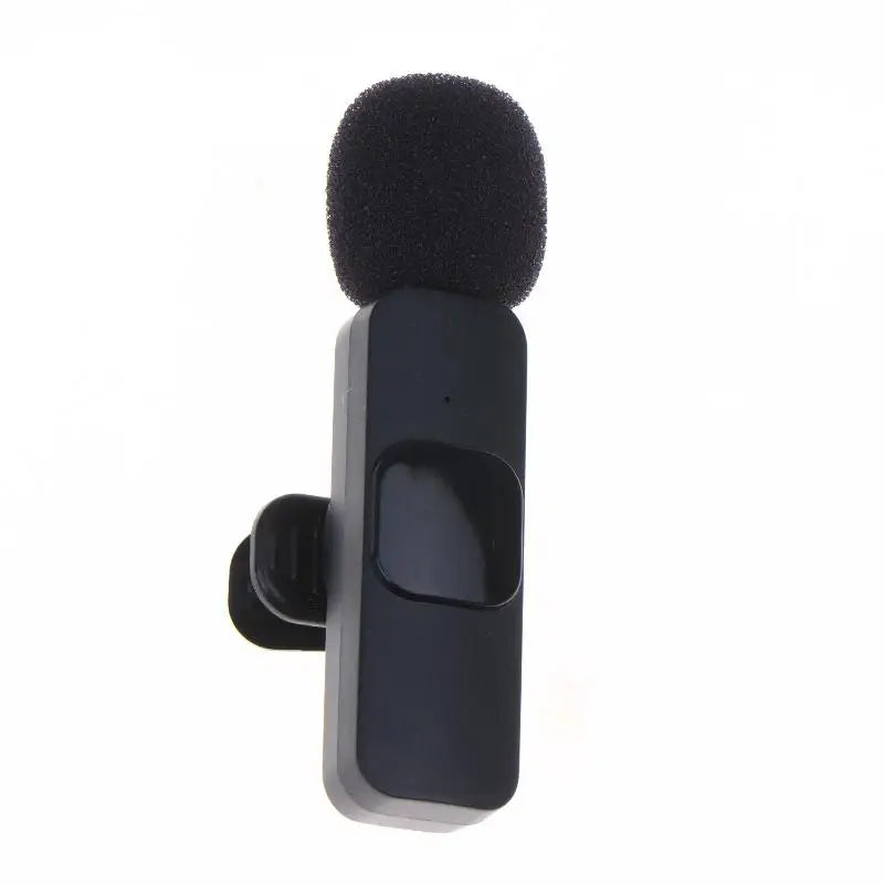 A black clip-on handheld microphone with a soft foam windscreen and a side clip, shown against a plain white background.