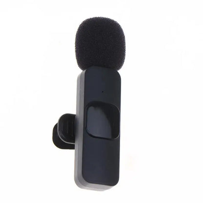 A black clip-on handheld microphone with a soft foam windscreen and a side clip, shown against a plain white background.