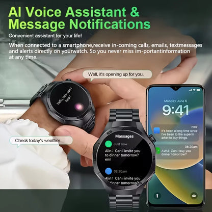 LAXASFIT smartwatch with AI voice assistant and message notifications displayed on a smartphone screen.