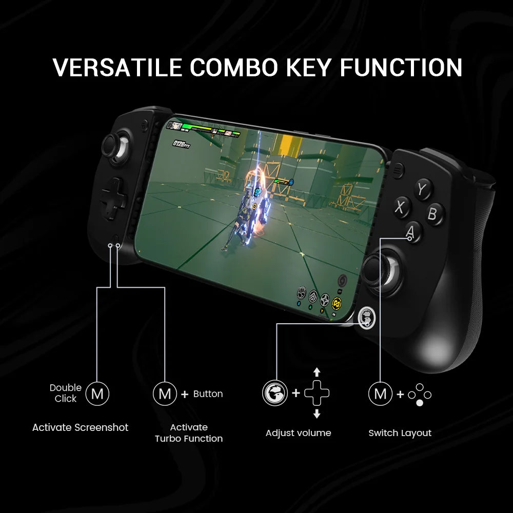 Gaming device with screen displaying a game and control layout on a black background