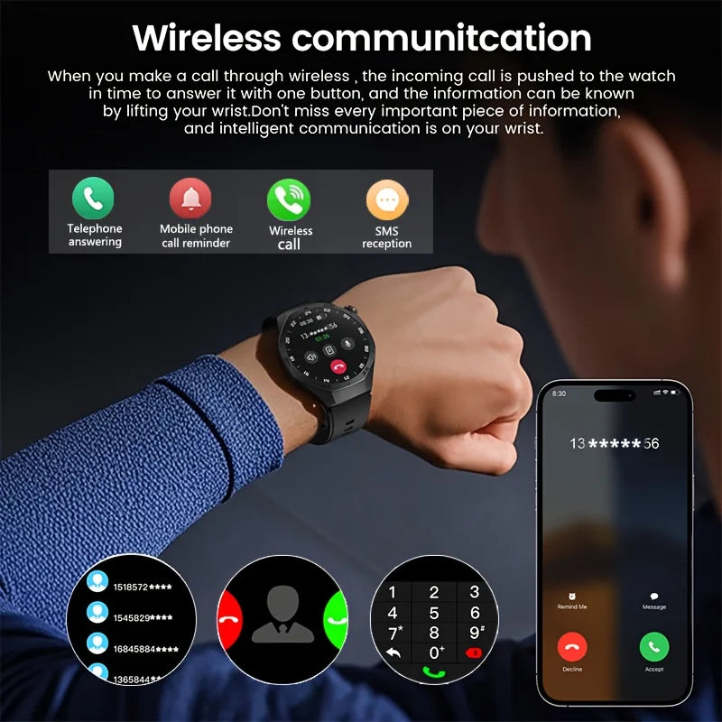 LAXASFIT smartwatch with phone app icons and smartphone displaying app interface on a dark background