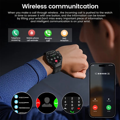 LAXASFIT smartwatch with phone app icons and smartphone displaying app interface on a dark background