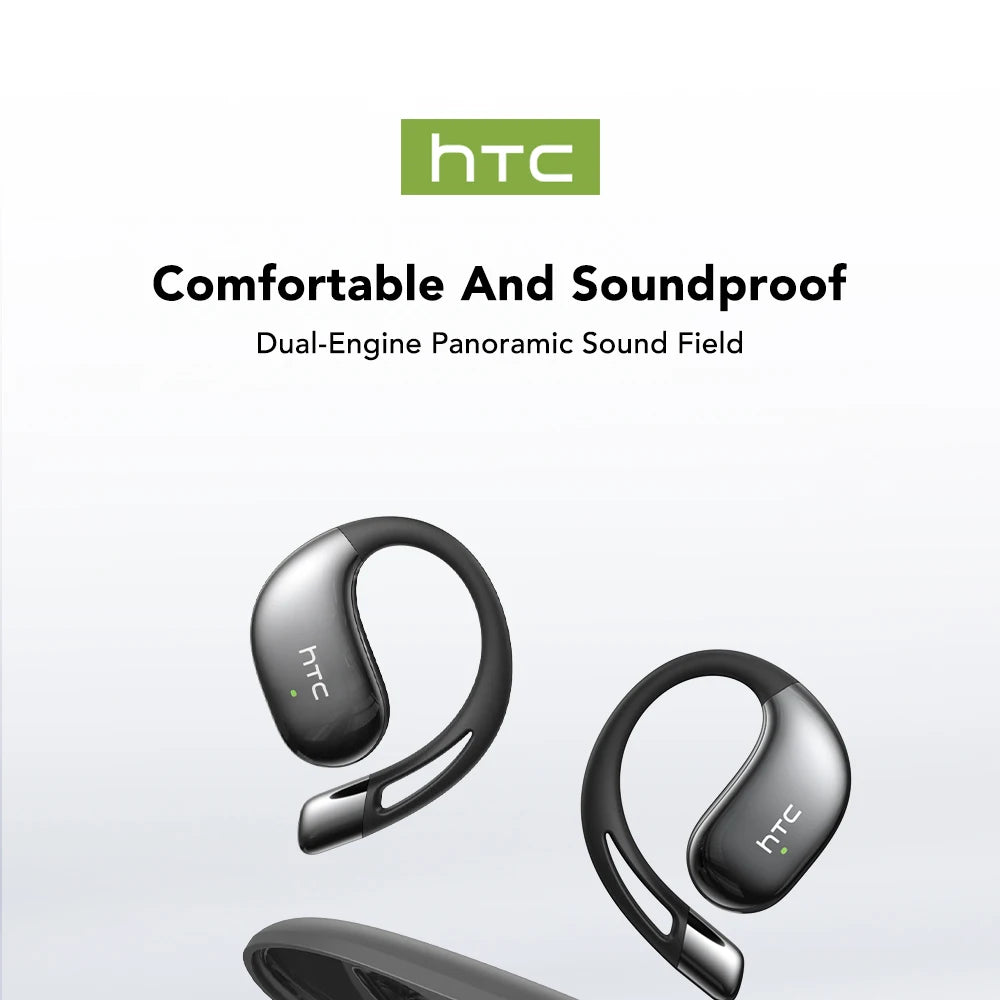 Pair of HTC earbuds with branding and text on a light gray background