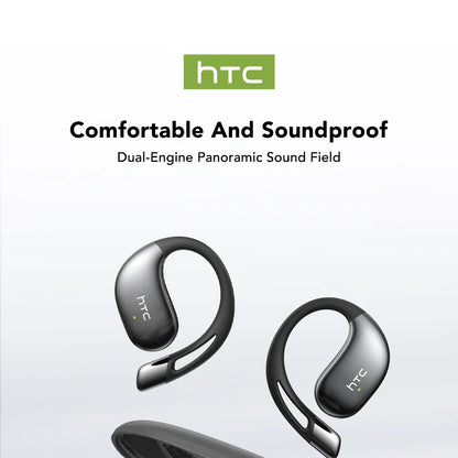 Pair of HTC earbuds with branding and text on a light gray background