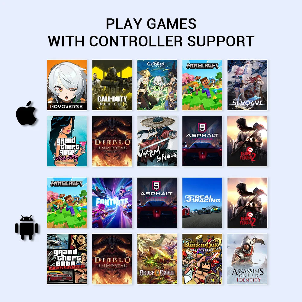 Collection of game posters with controller support text and Apple and Android logos.