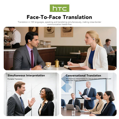 Advertisement for HTC Face-To-Face Translation technology showing people in various settings using the product.