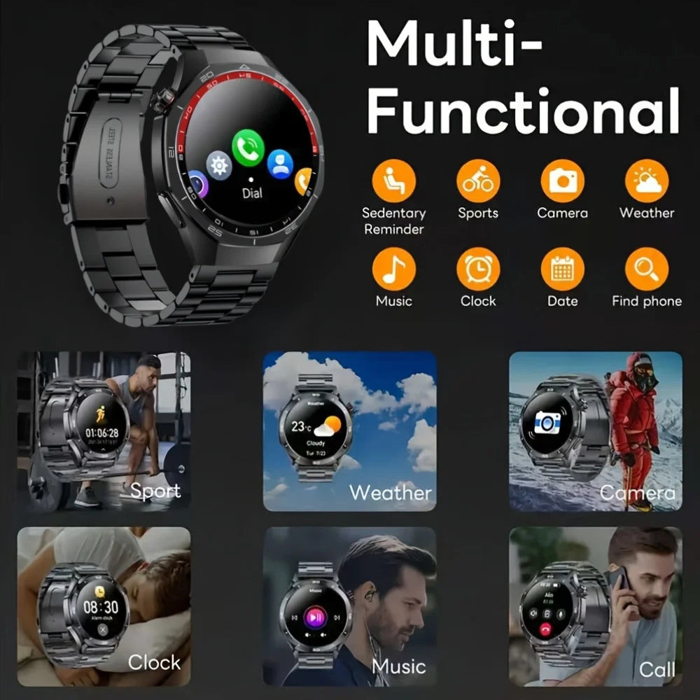 LAXASFIT smartwatch with various functions displayed on a dark background