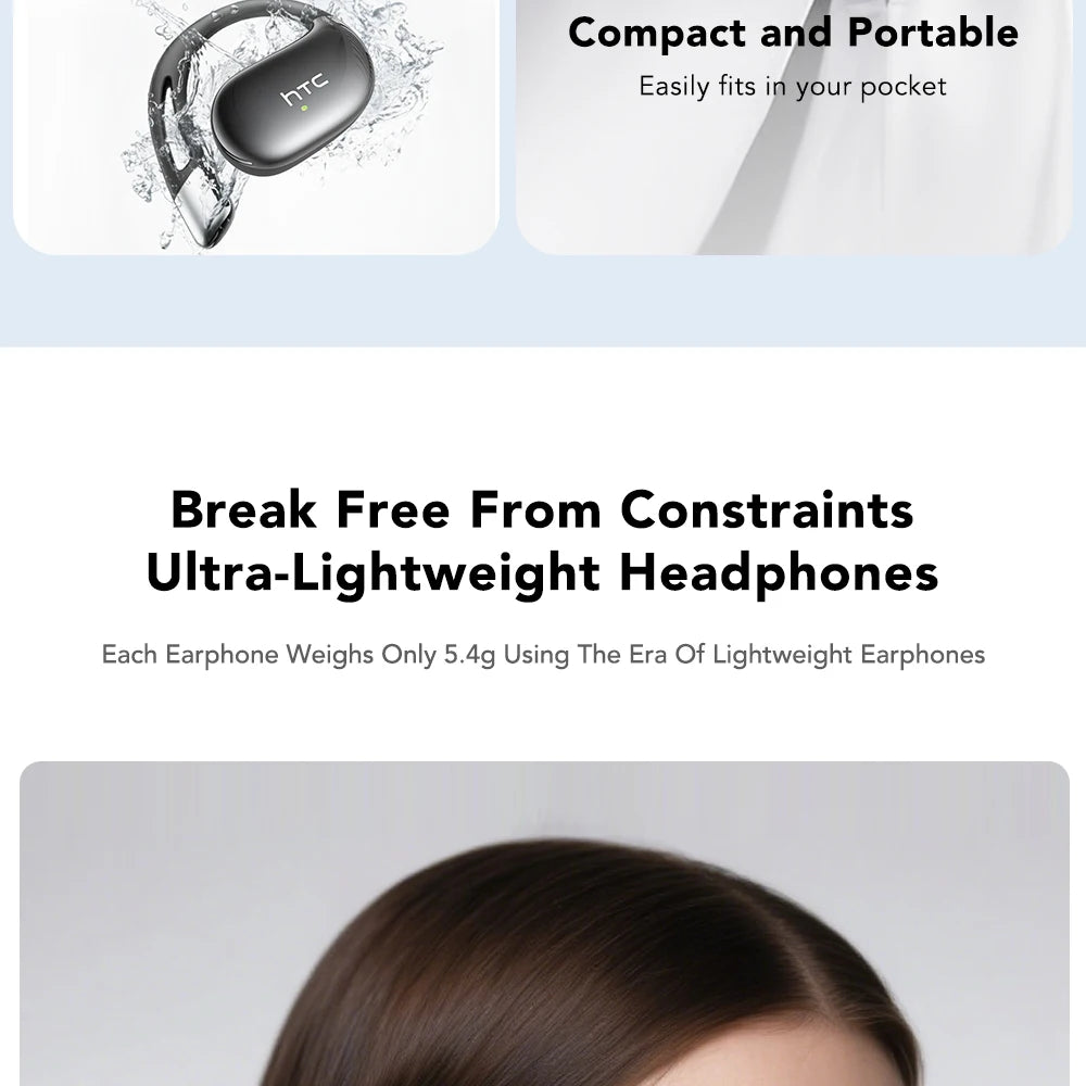 Ultra-lightweight headphones with text highlighting compactness and portability, featuring the HTC brand.