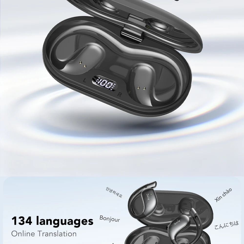 Black wireless earbuds with charging case on a light blue background