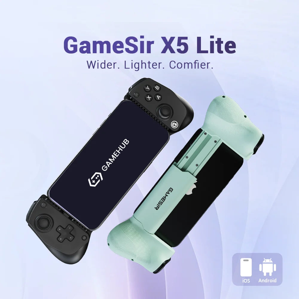 GameSir X5 Lite gaming controller with smartphone holder on a light blue background