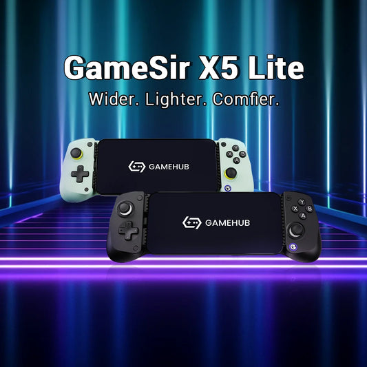 GameSir X5 Lite gaming controllers with GAMEHUB branding on a futuristic blue and purple background.