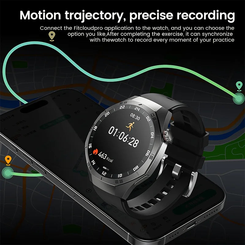 LAXASFIT smartwatch with app interface on a phone screen, showing motion trajectory and precise recording features.