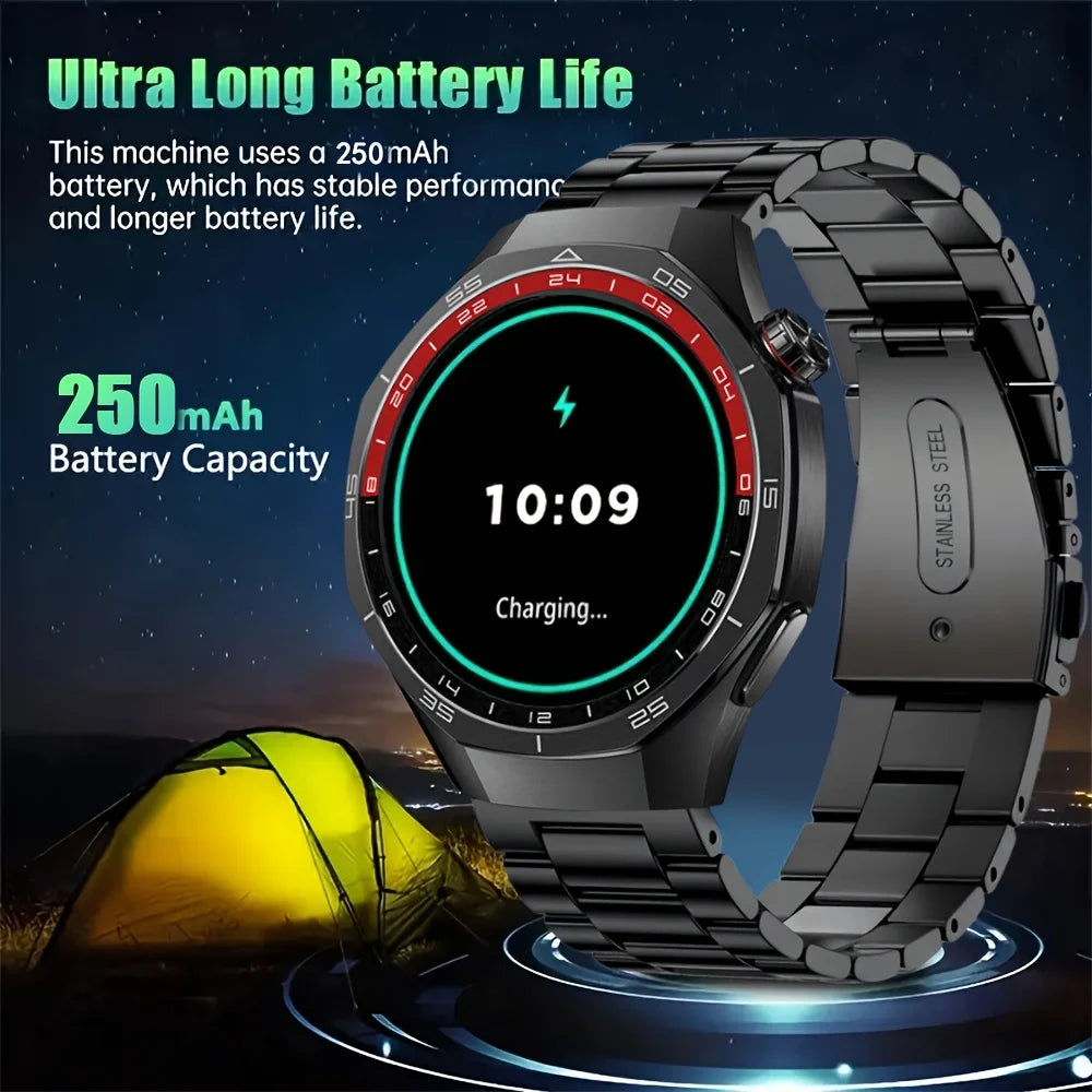 LAXASFIT smartwatch with metal band on a dark background, highlighting battery life and capacity.