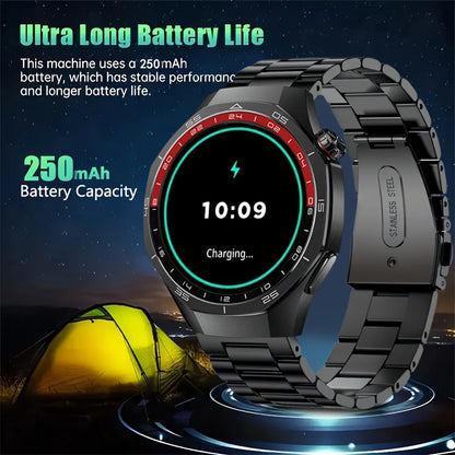 LAXASFIT smartwatch with metal band on a dark background, highlighting battery life and capacity.