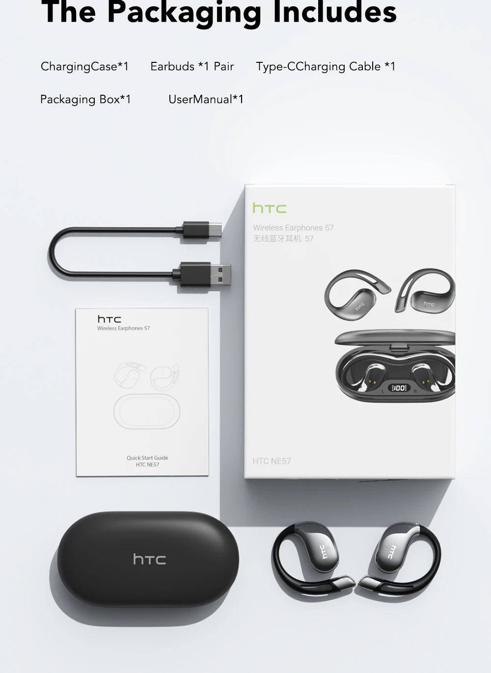 HTC wireless earbuds packaging with charging case, cable, and manual on a white background