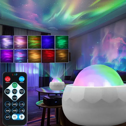 Colorful LED light projector with remote control in a room setting