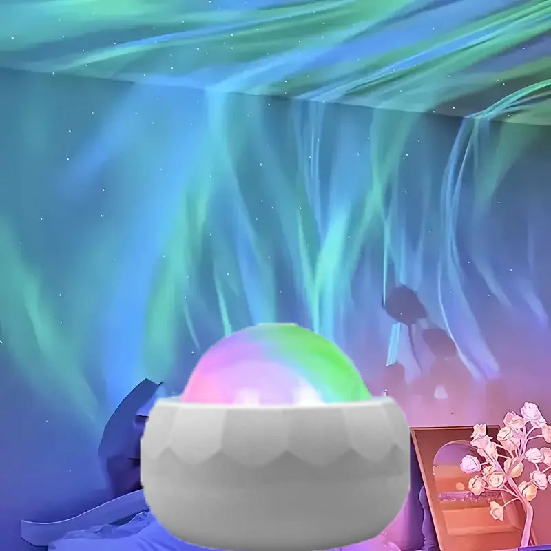 Colorful light projector in a fantasy setting with plants and flowers.