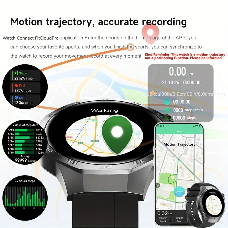 LAXASFIT smartwatch with motion trajectory and recording features, displayed on a white background.