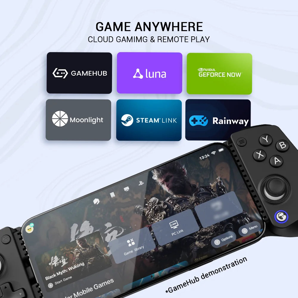 GameSir X5 Lite controller with smartphone with gaming apps displayed on screen, featuring GameHub, Luna, GeForce Now, Moonlight, Steam Link, and Rainway logos.