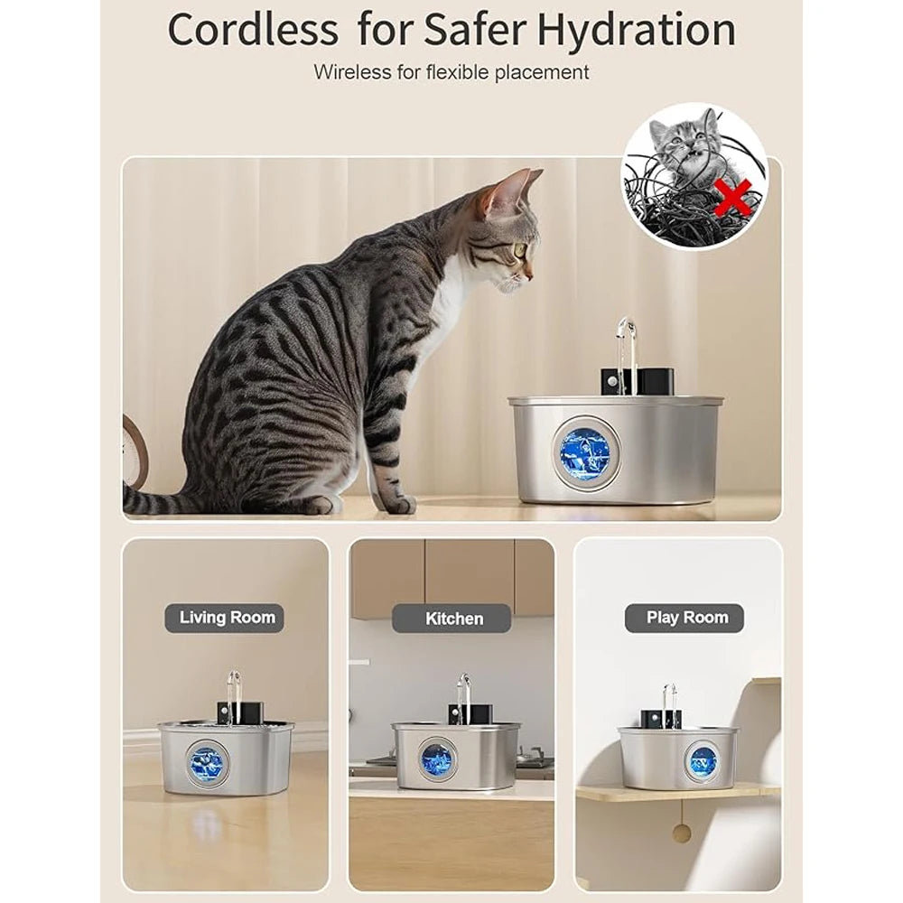 Cat interacting with a wireless pet water fountain in various rooms.