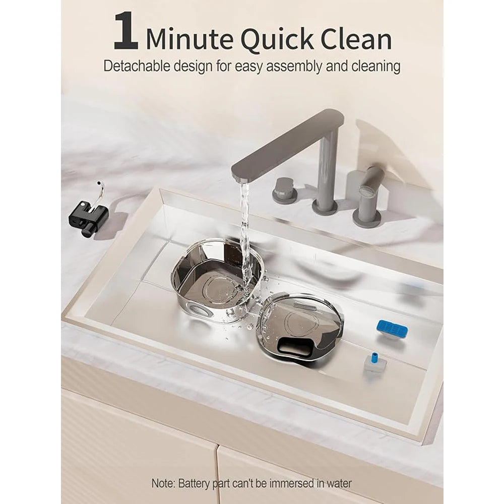 Kitchen sink with running water, detachable design for cleaning, and text '1 Minute Quick Clean'.