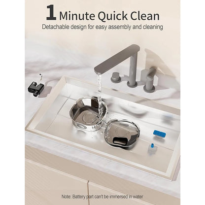 Kitchen sink with running water, detachable design for cleaning, and text '1 Minute Quick Clean'.