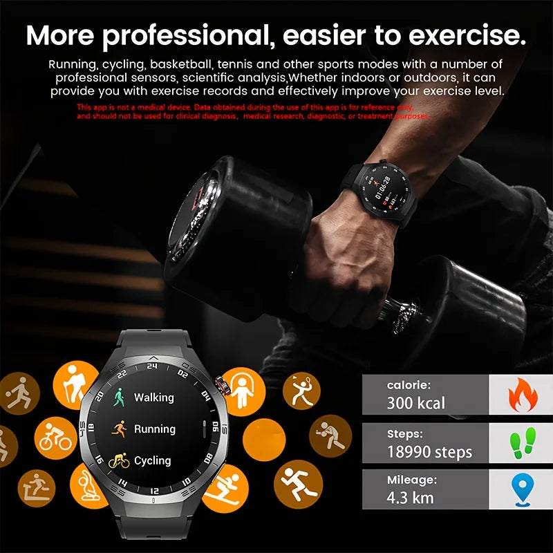 LAXASFIT smartwatch being used with a person lifting weights, displaying exercise data on screen.