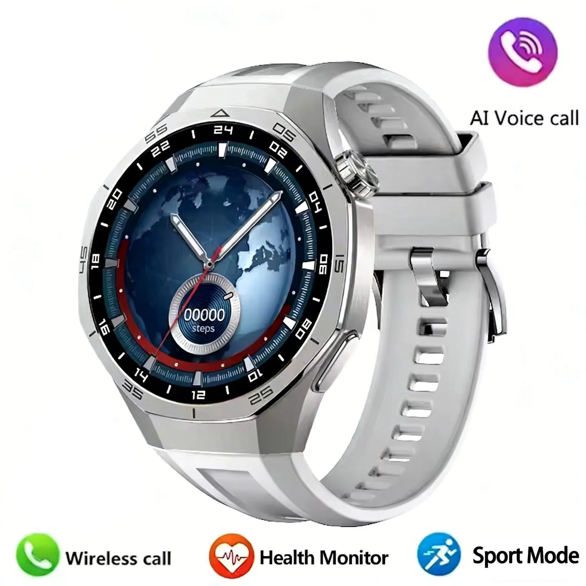 LAXASFIT silver  smartwatch with a detailed face on a white background, featuring icons for wireless calls, health monitor, and sport mode.