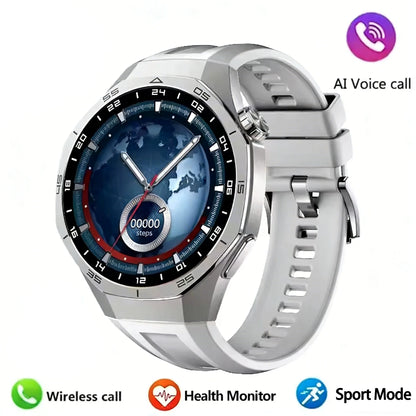 LAXASFIT silver  smartwatch with a detailed face on a white background, featuring icons for wireless calls, health monitor, and sport mode.