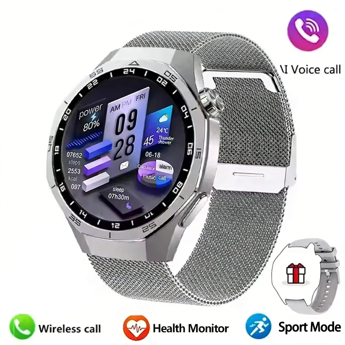 LAXASFIT smartwatch Silver with digital display on a white background