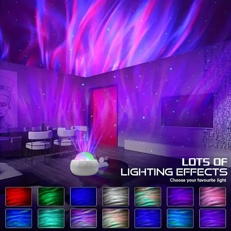 Room with colorful lighting effects projected onto the ceiling and walls, featuring a device emitting light from LED projector