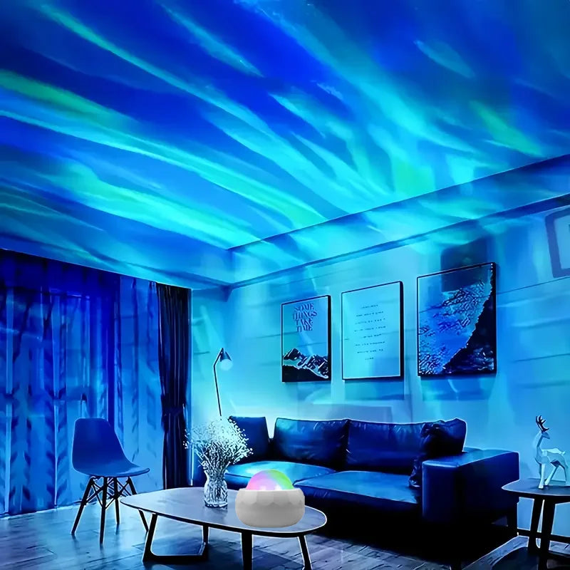 Living room with blue LED projector on the ceiling, creating a futuristic ambiance.