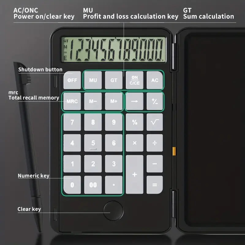 LCD Writing Tablet Calculator & Digital Notepad with labeled keys on a dark background