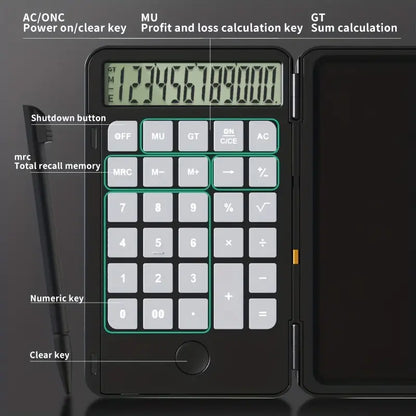 LCD Writing Tablet Calculator & Digital Notepad with labeled keys on a dark background