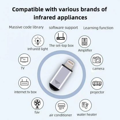 Smartphone infrared remote control adapter with compatibility icons for various appliances on a white background