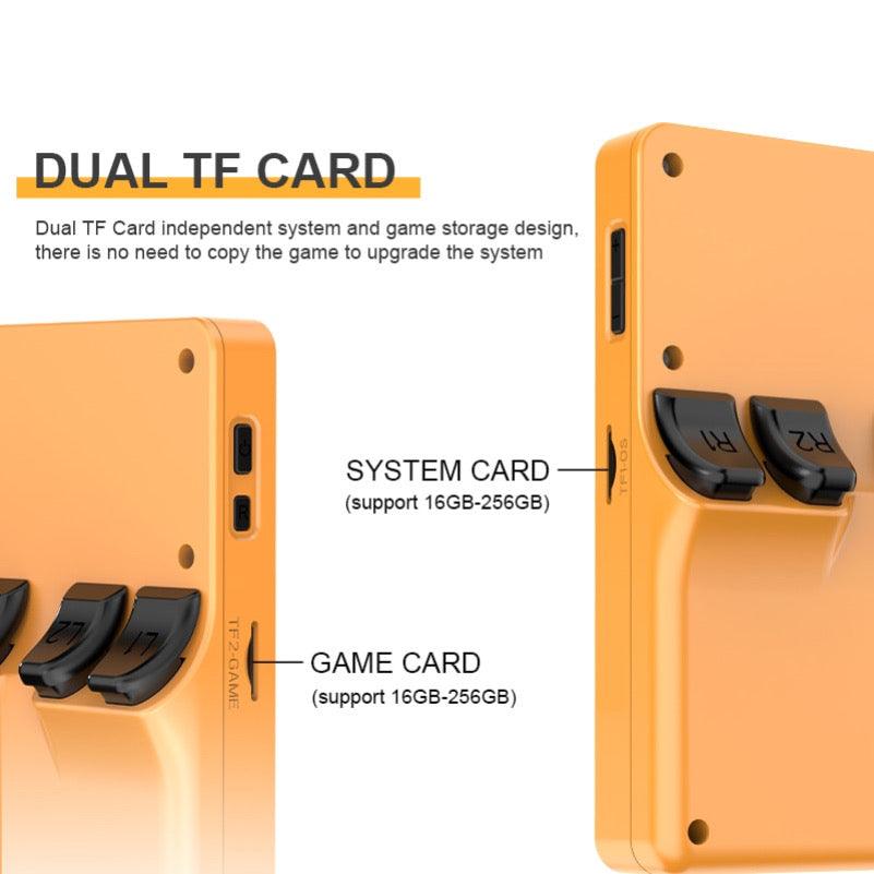 Retro arcade gaming console Orange with labeled card slots for system and game cards on a white background.