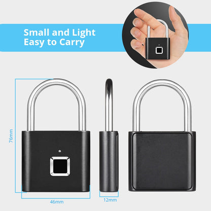 Smart fingerprint padlock with keyless unlocking with measurement details on a gray background