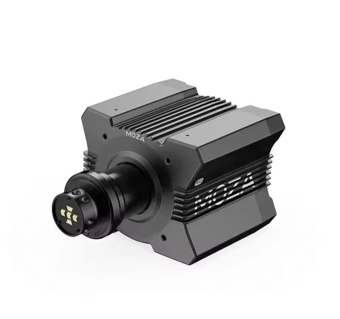 MOZA Racing R12 V2 Direct Drive Wheel Base with a ribbed metal heatsink design and a cylindrical lens/coupling connector on the front, shown on a clean white background.