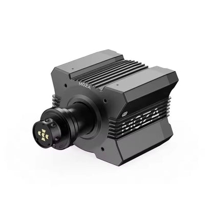 MOZA Racing R12 V2 Direct Drive Wheel Base with a ribbed metal heatsink design and a cylindrical lens/coupling connector on the front, shown on a clean white background.