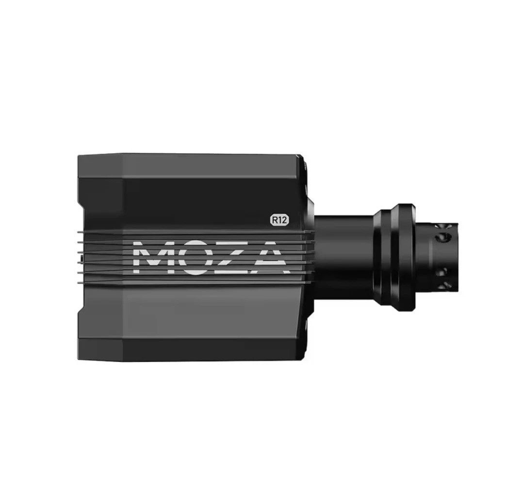 MOZA Racing R12 V2 Direct Drive Wheel Base with a ribbed body and a threaded connector on the right, shown against a plain white background.