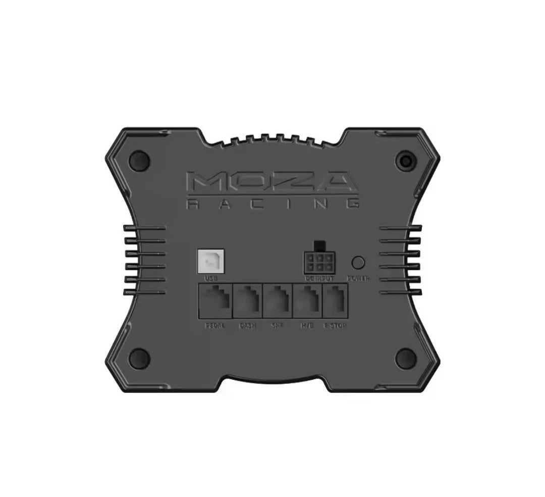 MOZA Racing R9 V3 Direct Drive Wheel Baswith 'MOZA RACING' embossed on the top, featuring five RJ45 network ports and various port labels on the bottom face, set against a plain white background.