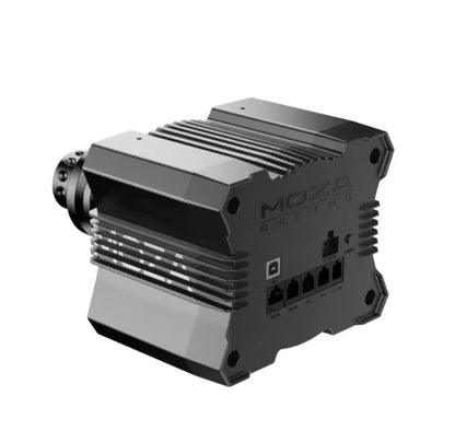 A black MOZA Racing industrial electronic module with ribbed metal sides, four RJ45 network ports, and a threaded connector on the left, shown on a plain white background.